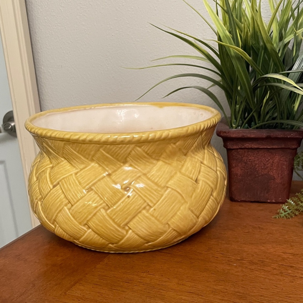 Yellow Ceramic Basketweave Planter -